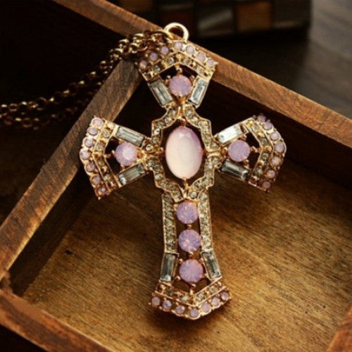 Antique Cross Pink Crystals Necklace