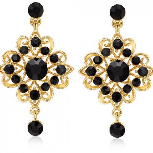 Gold Plated Black Rhinestone Drop Earrings