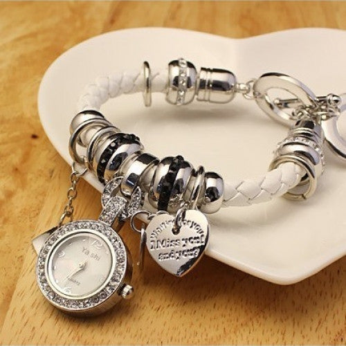 Heart Pendant Weave Leather Strap Watch